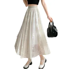 【数量限定】着痩せ 普段着 ファッション カジュアル 着回し 大きいサイズ 可愛い シンプル ゆったり カジュアル フレアスカート Aライン メッシュ 通勤 刺 花柄 ウエストゴム 春 裏地付き 総レース レディース 夏 スカート ロング丈 [POGCZMK