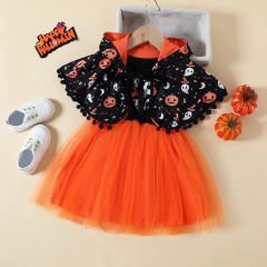 キッズ 女の子 ハロウィン コスチューム フード付きマント ワンピース ハロウィン衣装 着回し オレンジ 可愛い オシャレ お揃い 写真映え お家パーティー テーマパーク イベント コーデ自由 90