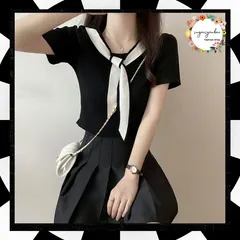 ボウタイ ニットトップス バイカラー レディース 韓国風サマーニット シンプル 半袖 ショート丈 ニットカットソー 無地 お洒落 タイトニットソー かわいい ニットソー春夏 着やせニット配色 リブニット リボン 85YN-900381