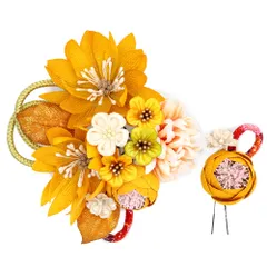 髪飾り 成人式 つまみ細工 振袖 前撮り 袴 2点セット 花 橙色 黄色 白 ゴールド ちりめん 組紐 ラメ 花ごころ 小さい 和装 大 No.12-0585