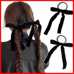 【即発送】おしゃれ 結婚式 髪ゴム リボン リボン 大人 髪飾り ヘアアクセサリー 成人式 シュシュ ベルベット ブラック ヘアアクセ 黒 (ブラック 2個セット ヘアゴム 2枚セット) ベロア Sheepyo