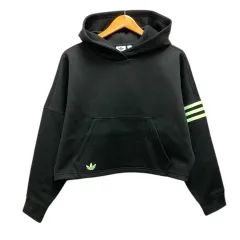 アディダス adidas パーカー フーディー ライン ロゴ刺繍 ショート丈 長袖 M 黒 ブラック