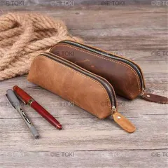手作りの本革ペンバッグ シンプルでレトロな文房具ホルダー 収納ケース ジッパー付きペンシルバッグ