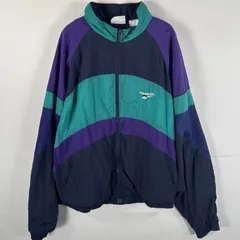 古着 90's/90年代 リーボック Reebok ナイロンジャケット ワンポイントビッグロゴ刺繍 大きいサイズ フルジップ XL  ネイビー マルチカラー メンズ