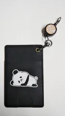 【送料無料】キーリール付き本革パスケース・定期入れ　ブラック《白》　パンダ柄