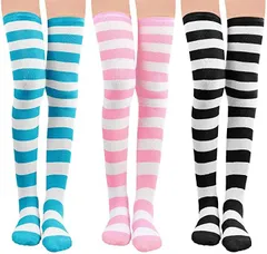 morningplace カラフル ハイソックス しましま ニーハイ 美脚着圧 綿防寒 通学通勤 靴下 レディース フリーサイズ スカイブルーxピンクxブラック ワイドストライプ( スカイブルーxピンクxブラック ワイドストラ)