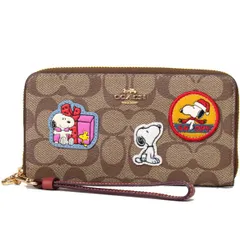 コーチ 長財布 スヌーピー COACH キャンバス レザー シグネチャー ピーナッツ コラボ スヌーピー ヴァーシティー ワッペン リストレット ジップ アラウンド 長財布 カーキ CF218