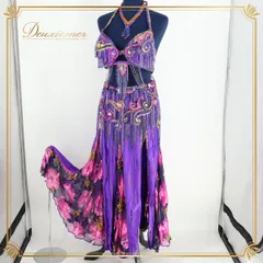 【ベリーダンス用 オリエンタル衣装】パープル ビーズ 豪華 紫 ゴールド ピンク 花柄 ラメ 鮮やか 煌びやか レース オシャレ トップス スカート アクセサリー セット セットアップ 上下セット 金色 派手 フリンジ ブラトップ かわいい 綺麗 きれいめ