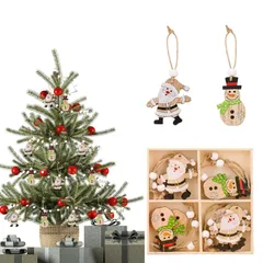 【迅速発送】クリスマス オーナメント 飾り 12個セット サンタクロース 雪だるま 木製 クリスマスツリー オーナメント 飾り 木製スライス 木材チップ ペンダント 北欧 手作り DIY クリスマス デコレーション 小物 麻紐付き (B)