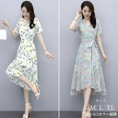 花柄 ワンピース レディース シフォン ロング マキシ丈 Vネック 半袖 ベルト紐 調整可能 Aライン ハイウエスト ドレス
