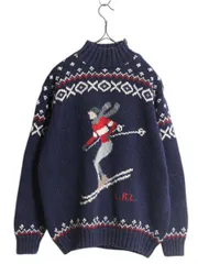 【お得なクーポン配布中!】 90s LAUREN ラルフローレン スキー 絵柄 ハンド ニット セーター レディース M オールド ポロ ハイネック コットン リネン ノルディック 紺