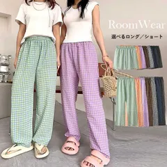 ホワイト(ロング丈) ワイドパンツ パンツ レディース パジャマ 春 おしゃれ チェック 柄 ショート ロング 長ズボン ウエストゴム [郵1.5]^b482^