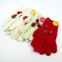 手袋 4点セット 未使用 日本製 イチゴ柄 レッド ホワイト ウール混 グローブ まとめて 子供用 キッズ 女の子用 glove
