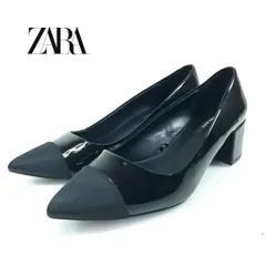 ザラ ZARA ZARA BASIC パンプス 23cm 36 黒 ブラック エナメル パテント ファブリック バイカラー ポインテッドトゥ チャンキーヒール 太ヒール ビジネス フォーマル オフィス カジュアル 美脚 レディース 靴 中古 hws00596