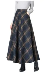 Size:2XL_Color:ネイビー [エムズ ミミ] ロングスカート 秋冬 チェック柄 aライン レディース フレア ロング ロング丈 ストレッチ ハイウエスト マキシ マキシ丈 オフィス ビジネス OL ウエストゴム ゴム オフィスカジュアル カジュアル