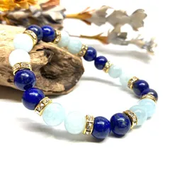 ラピスラズリ&アクアマリン パワーストーン ブレスレット 天然石 (ゴールド) 8mm レディース 女性  数珠ブレス 開運 プレゼント ギフト  [5]