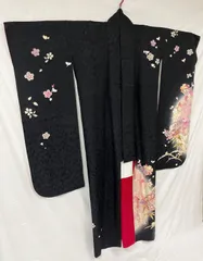 【仕立上がり】振袖　成人式　卒業式　晴れ着　黒　花柄　M　１２