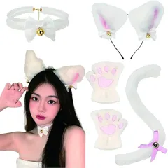 ZERONOWA 猫耳カチューシャ 肉球手袋 しっぽ チョーカー 4点セット ハロウィン コスプレ(ホワイト)