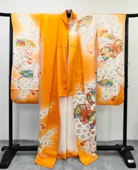 ◇KWF001 振袖 正絹 オレンジ 成人式 卒業式 結婚式 初詣 古着