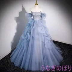 カラードレス オフショルダーのドレス 2025年の霧がかった青 色 ピアノ演奏 成人式 ウェディングドレス 青いチュールスカート