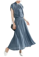 M_ブルーグレー ワンピース ロング 夏 ロングワンピース 春 プリーツ シフォン フレンチスリーブ ウエストマーク ゆったり きれいめ ミモレ マキシ 丈 ノースリーブ 体型カバー 着痩せ お呼ばれ 膝下 ノーカラー ボタン 半袖 切り替えワンピース シフォ