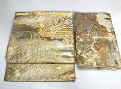 【中古】作り帯 正絹 ゴールド地に竹垣文様
