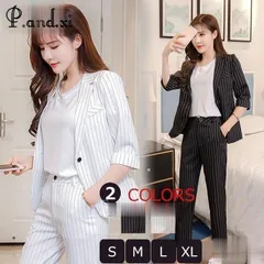パンツスーツレディース~春夏9分丈パンツスーツ韓国風セットOL 事務服 30代40代ストライプ白/黒セレモニースーツ フォーマル オフィスご入学式 面接 S?XL