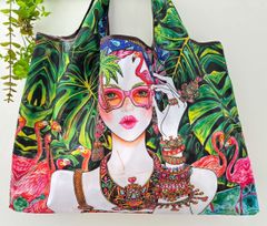 ⭐︎油絵シリーズ　フラミンゴ美女　折りたたみトート、エコバッグ 大容量コンパクト