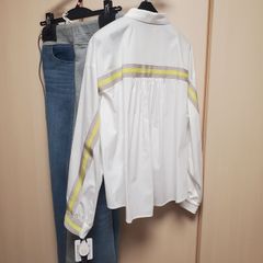 ★2025 SS新作　春夏★BLUEFRONCE ★シャツ長袖　トップス　ライン配色　ギャザー入り　フリーサイズ