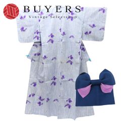 【中古】 浴衣 2点セット 作り帯 ユニクロ フリーサイズ 綿 薄紫 紫 藍色 リボン 可愛い 和装 呉服 和服 きもの レディース 女性