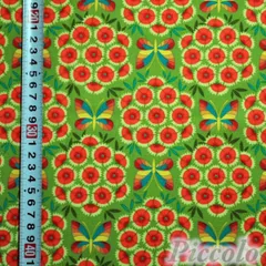 USAコットン　Anna Maria's　チョウチョ＆お花　ライトグリーン×オレンジ系　約53cm×約50cm（カット済）　FB-2506