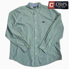 送料無料 即決★CHAPS★XXL ブルー×グリーン ストライプシャツ ビックサイズ ボタンダウン 胸ポケット ワンポイント
