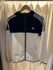 アディダス adidas ナイロンジャケット ジップアップパーカー ジャンパー ネイビー ホワイト グリーン サイズL 薄手 A-1365
