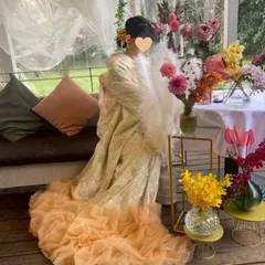 薄シャンパンの色 ソフトチュール 打掛 着物 オーバードレス レース羽織 お色直し 精緻な刺繍