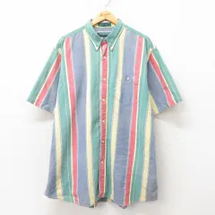 XL/古着 半袖 シャツ メンズ 大きいサイズ ロング丈 コットン ボタンダウン 緑他 グリーン ストライプ 25jun09 中古 トップス