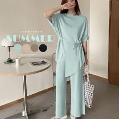 ニットセットアップ 冷感タッチレディース 	 サマーニット ワイドパンツ 2点セット ゆったり オフィスカジュアル セットアップ スリット トップス きれいめ 薄手 無地 上下セット ウエストマーク春夏 韓国ファッション 83JINXIU-001