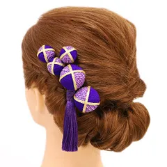 髪飾り 成人式 振袖 前撮り 袴 花 浴衣 夏祭り 花火大会 豪華5点セット 紫 ちりめん 玉飾り ゴールド 房付き 鹿の子 ヘアアク No.9-3688