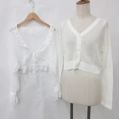グレイル GRL カーディガン 2枚セット 長袖 Vネック ニット 釦開き フリル レース リボン開き シフォン アイボリー 白 ホワイト F M