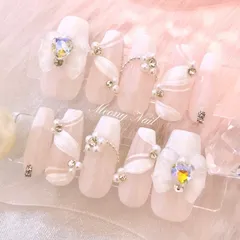 No.63オーダー♡量産型ワンホン韓国フレンチガーリースナ系リボン花ジェルネイルチップ