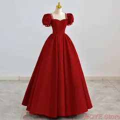 カラードレス 演奏会 ロングドレス コンサート 赤 パーティードレス 発表会 ウェディングカラードレス パフスリーブ 二次会 結婚式 ステージ衣装 レッド 大きいサイズ 0807