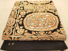 平和屋着物◎全通柄袋帯　幾何学花文　黒地　金糸　正絹　逸品　AAAZ8642dt