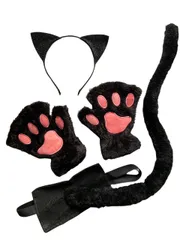 新品 [harecoro] 猫耳 カチューシャ 猫 コスプレ 黒猫３点セット 尻尾 肉球手袋 ハロウィン仮装小物 (キラキラ猫耳タイプ)