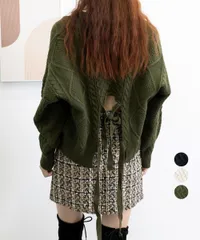 ケーブル編みニットトップス バックリボン