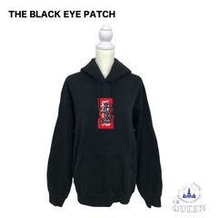 【訳アリ】 Black Eye Patch ブラックアイパッチ パーカー 長袖 文字プリント 漢字 フード刺繍 マフポケット カジュアル メンズ レディース ユニセックス ブラック M v-111 送料無料
