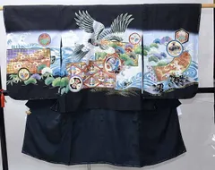 七五三 五歳 男児 正絹 羽織・着物・襦袢3点セット 黒地 鷹 生地は日本製 5歳 五才 5才 祝着 男の子 お仕立て無料 NO41540-2