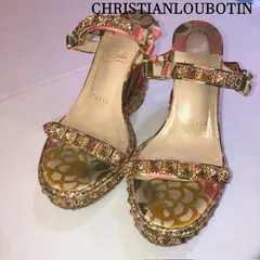 ルブタン　CHRISTIAN　LOUBOUTIN　ゴールドスタッズマルチカラー　ウエッジソール　サンダル　ファブリックレザー　サイズ：35（22.0～22.5cm）　リゾートヒール