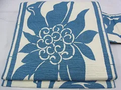 限定SALE最新作新品手紡ぎ手織木綿生成り地型染藍色葵唐草名古屋帯N11995 仕立て上がり