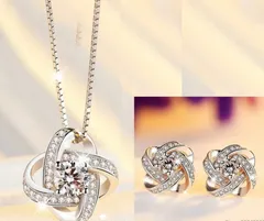 2点セット ツイスト 花 フラワー Cz キュービックジルコニア ネックレス ピアス S925 シルバー925 保存袋付き