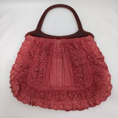 【中古品】レディースバッグ レース素材 ピンク系 内ポケット付き