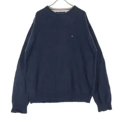 美品 TOMMY HILFIGER トミーヒルフィガー ワンポイント刺繍 長袖 ニット L ネイビー メンズ 古着